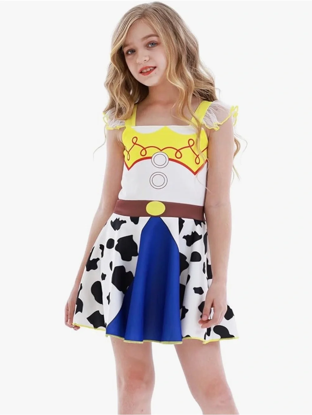 Cowprint Sheriff-Inspired Dress in Yellow, Blue & White - Picture 2 of 14